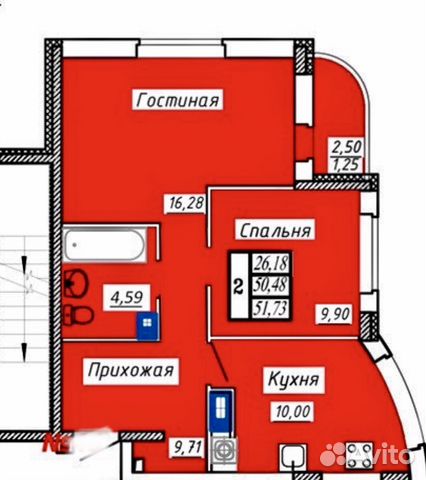 2-к квартира, 52 м², 9/10 эт.