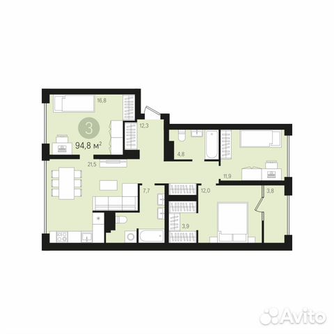 3-к квартира, 94.7 м², 9/10 эт.