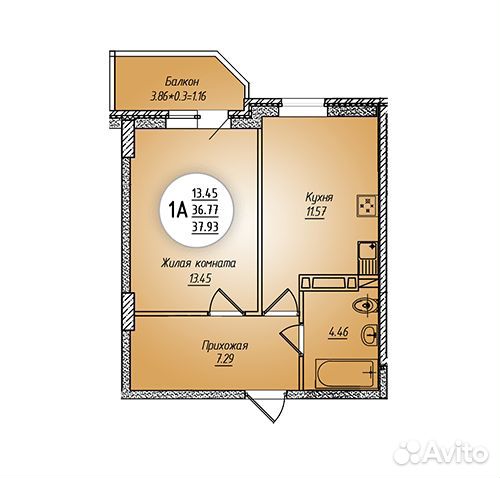 1-к квартира, 38 м², 15/24 эт.