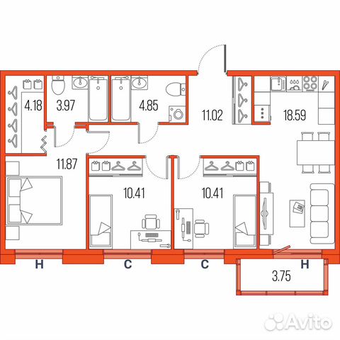 3-к квартира, 75.3 м², 5/22 эт.