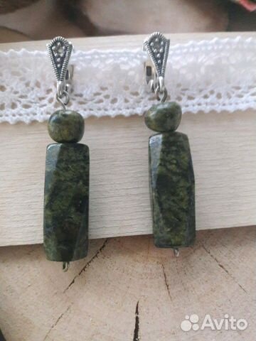 Серьги серебряные, змеевик Серьги серебряные, змеевик