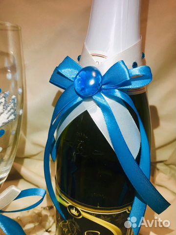 Свадебный набор Бирюза бокалы+укр.на бутылку