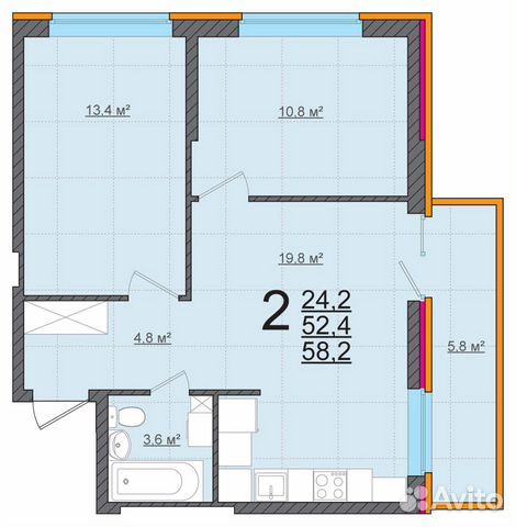 2-к квартира, 58.2 м², 12/16 эт.