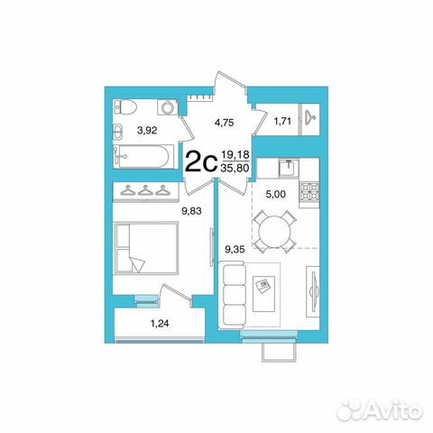 2-к квартира, 35.8 м², 25/26 эт.