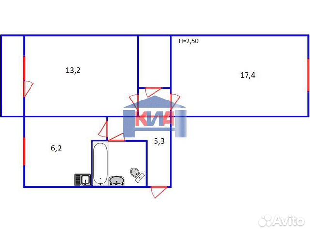 2-к квартира, 48.5 м², 2/5 эт.