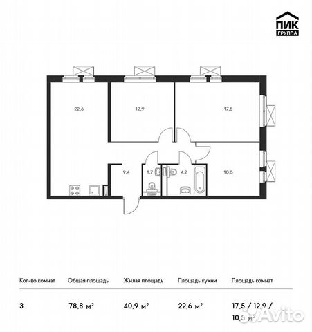 3-к квартира, 78.8 м², 17/17 эт.