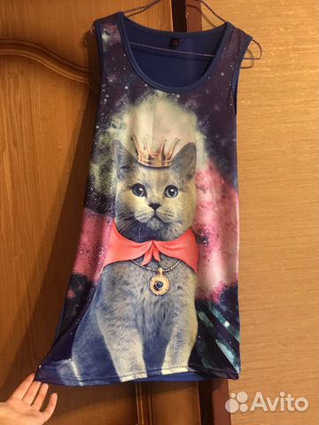 Длинная Майка с кошкой космос S Длинная Майка с кошкой космос S