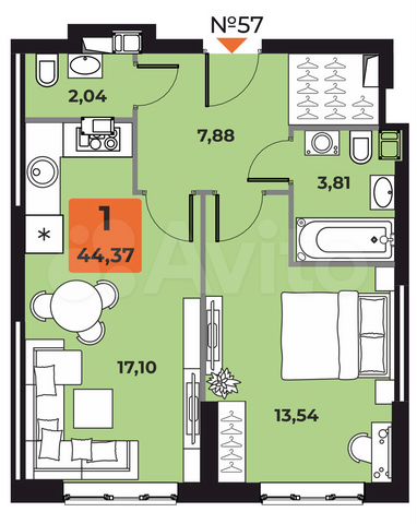 1-к. квартира, 44,4 м², 11/23 эт.