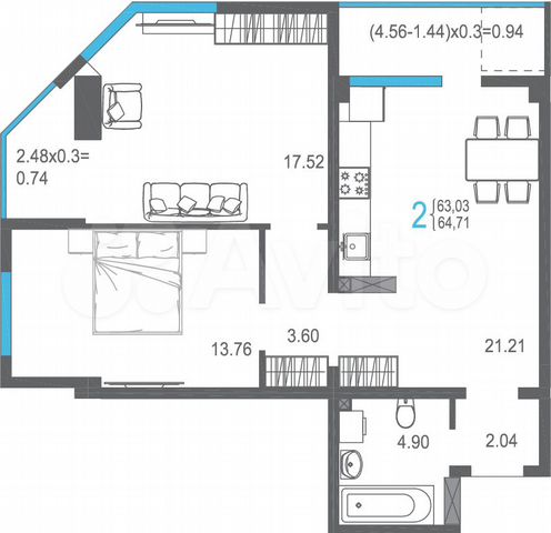 2-к. квартира, 64,7 м², 9/18 эт.