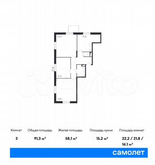 3-к квартира, 91.3 м², 2/17 эт.