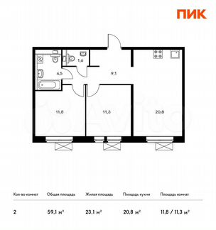 2-к квартира, 59.1 м², 3/22 эт.