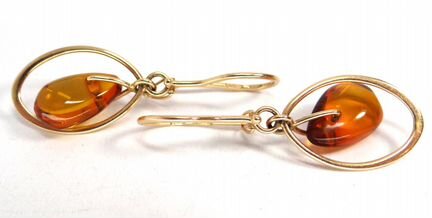 Золотые серьги с янтарными подвесками 585 пр, СССР