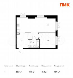 1-к квартира, 50.8 м², 22/33 эт.