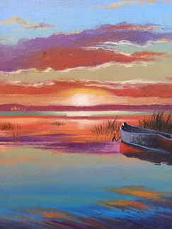 Авторская картина маслом Лодка на закате новая