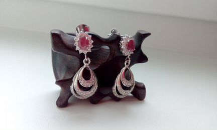 Серьги серебро 925, рубин, циркон